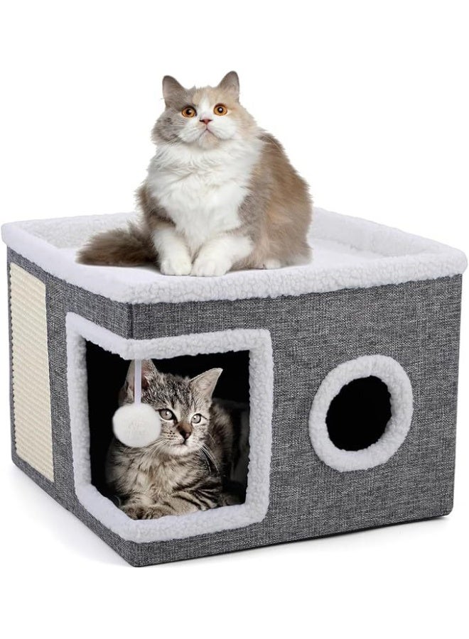 Foldable Cat House Cave Bed with Scratching Board, Plush Ball and Double-Sided Cushion, Indoor Warm Cat Condo for Small Pets - Image 1
